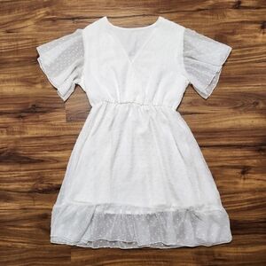 Shein Dotted White Ruffled Sleeve Loose Vneck Dress Size Small